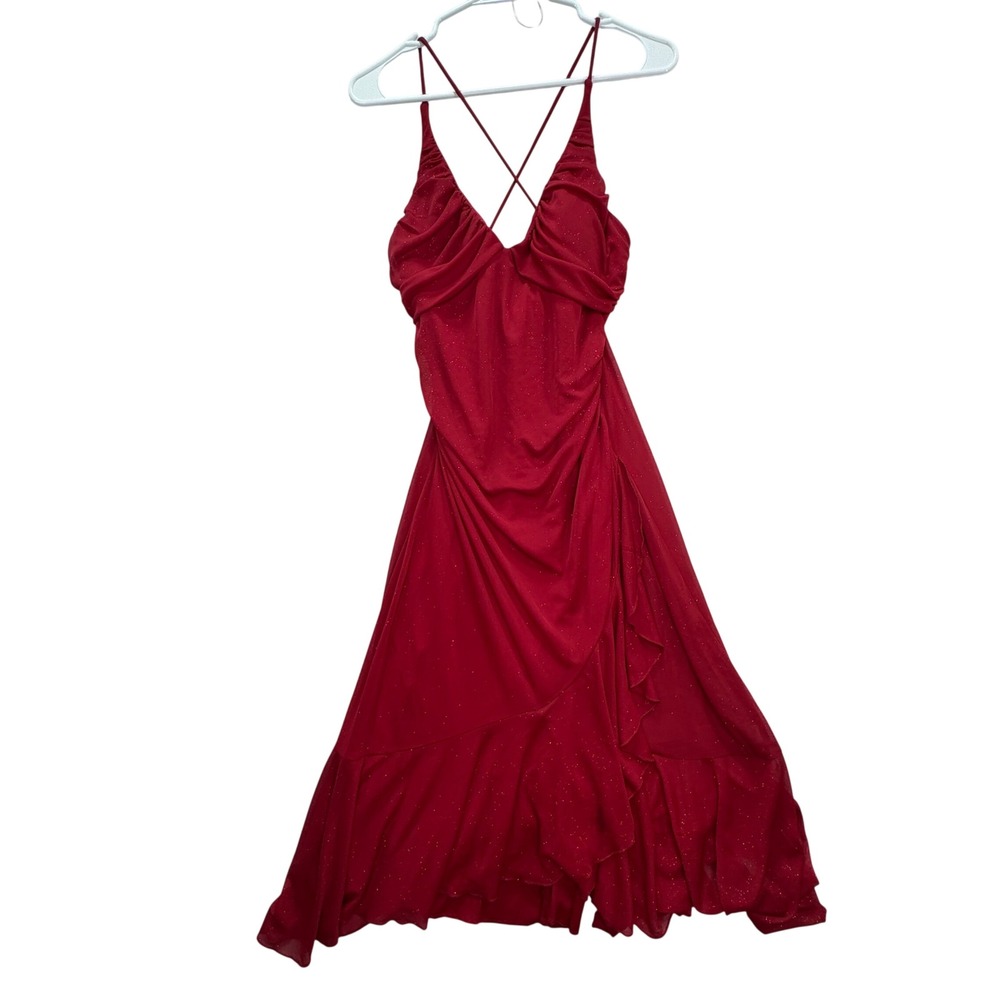 City Triangles Dress Women Large Red Glitter Ruche Ruffle Prom Y2K asymmetrical